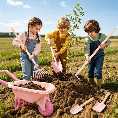 Kids Gardening Set with Wheelbarrow, Metal Kid Gardening Tools Set with Long Handle Tool, Hand Tool & Gloves, Backyard Gardening Tools for Kids Outdoor Play Birthday Gifts