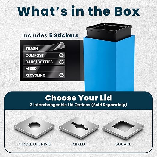 Alpine Commercial Indoor Recycle Bin - 29 Gallon Blue Recycle Bin Recycle Trash Can Office Recycling Bins, Metal Recycling Container with Stickers & 3 Optional Lids (lid Sold Separately)