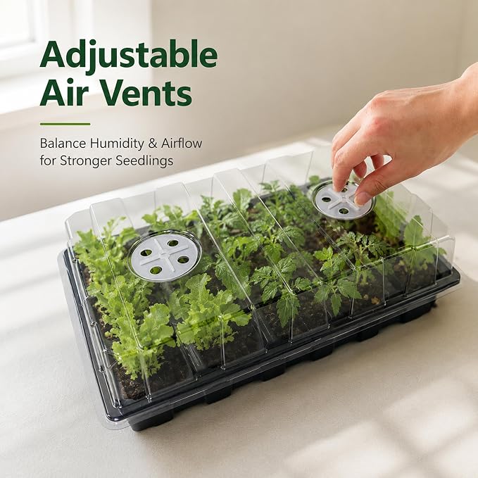 Gardzen 5-Pack Seed Starter Kits, Reusable Plant Germination Trays with Total 75-Cell, Seed Starter Tray with Humidity Vented Domes and Bases for Starting Vegetable Flower Herb Seeds 15" x 9", Black