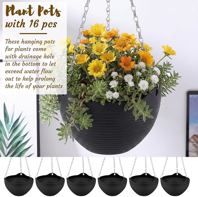 Zopeal 16 Pack Self Watering Hanging Planters 8 Inch Garden Flower Plant Pot Container with Drainer and Chain Round Hanging Pot Plant Basket for Indoor Outdoor Plants (Black)
