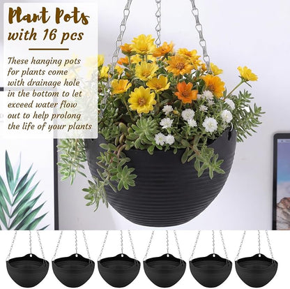 Zopeal 16 Pack Self Watering Hanging Planters 8 Inch Garden Flower Plant Pot Container with Drainer and Chain Round Hanging Pot Plant Basket for Indoor Outdoor Plants (Black)