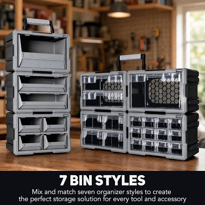 Modular Stackable Storage Organizer, 1 Bin Heavy-Duty Interlocking Tool Box with Removable Handle, Wall-Mount Back Holes, Expandable Garage & Workshop Storage System