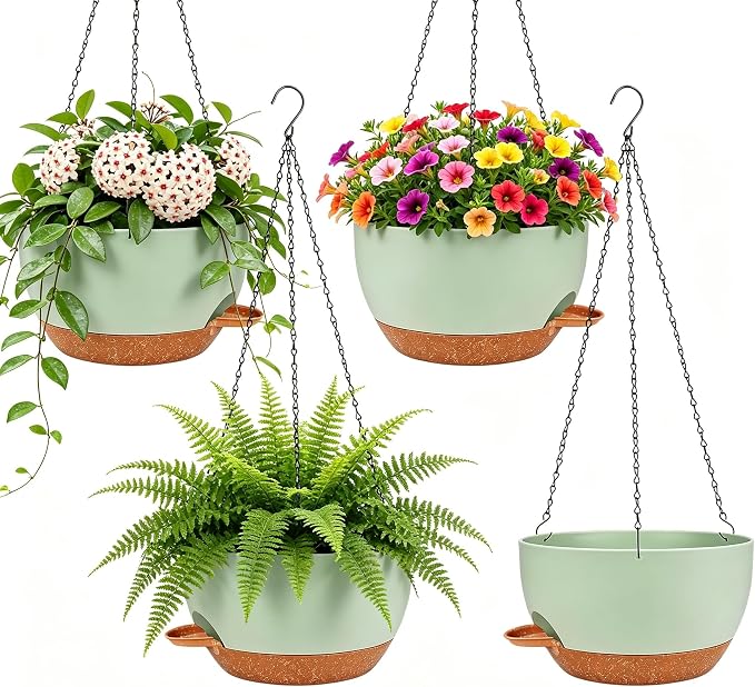 Set of 4-8 Inch Self Watering Hanging Planters for Indoor Outdoor，Hanging Plant Pots with Drainage & Removable Tray, Hanging Pots Holder for Ivy, Pothos, Ferns, Balcony & Patio, Green Brown