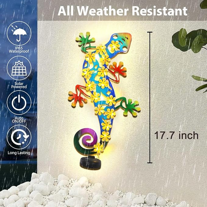 Metal Lizards Outdoor Decor Metal Gecko Wall Decoration with 30 Led Solar Lights- 17.7" Fence Wall Art, Gift for Mom Grandma Women Birthday Gardening,Geico Lizard for Garden Patio Porch Yard