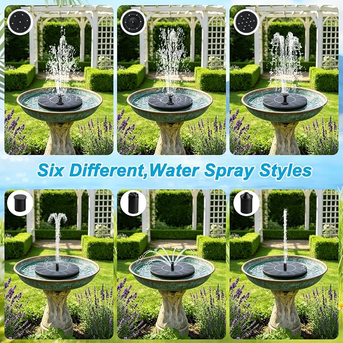 Floating Solar Fountain Pump, Upgrade 1.5W Solar Powered Water Pump with 6 Spray Nozzles & 4 Fixed Pipes, Solar Fountain for Bird Bath, Garden Pond, Pool, Outdoor