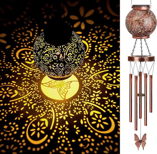 YHmall Solar Wind Chimes for Outside, Butterfly Birthday Gifts for Women Mom, Flower Solar Lantern Windchimes Outdoors, Hanging Memorial Wind Chimes for Garden Decor