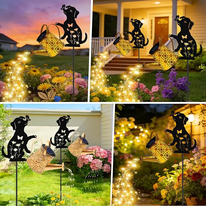 VOOKRY Solar Lights Outdoor,Watering Can with Dog Silhouette Stake | Garden Gifts for Mom,Women&Garden Lovers Waterproof Metal Garden Water kettle,Decorative Yard Patio Lawn Pathway Decor(1Pack)