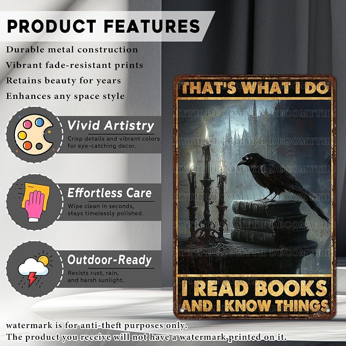 Book Nook Decor Metal Sign Library Sign Vintage Crows Read Book I Know Things Tin Sign for Office Study Library 12 * 8inch