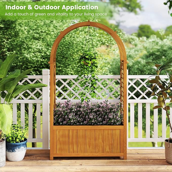 HAPPYGRILL Raised Garden Bed with Trellis, Wooden Elevated Planter Box w/Ached Roof & Detachable Bottom Panels, Liner, Drainage, Indoor Outdoor Wood Planter for Climbing Plants Vine Flower (2)