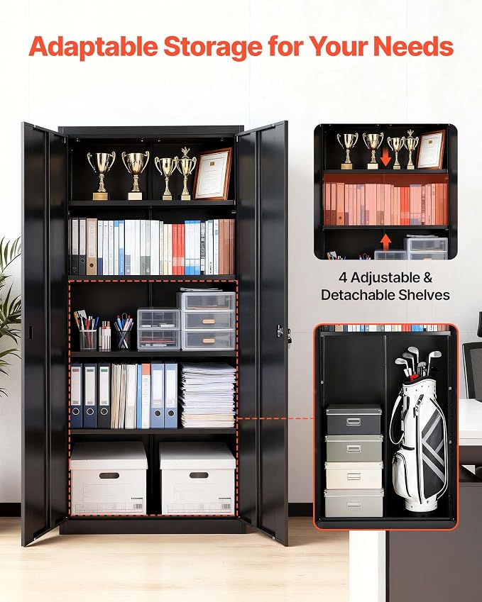 VEVOR Metal Storage Cabinet, Lockable Steel Garage Cabinet with Magnetic Doors and Adjustable Shelves, 2 Keys, 5-Tiers Tall Tool Locker for Home, Office, School, Pantry, Warehouse, Laundry, Black