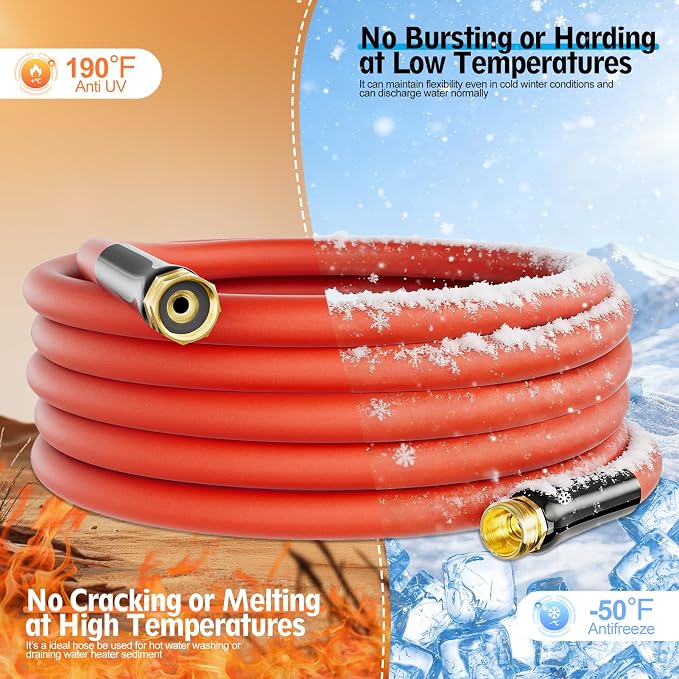 5/8" Hot/Cold Garden Water Hose 75ft, -50℉ to 190℉, Flexible & Lightweight, Heavy Duty Rubber Pipe with 3/4" Brass Fittings for All-weather Outdoor, Yard, Farm, Red