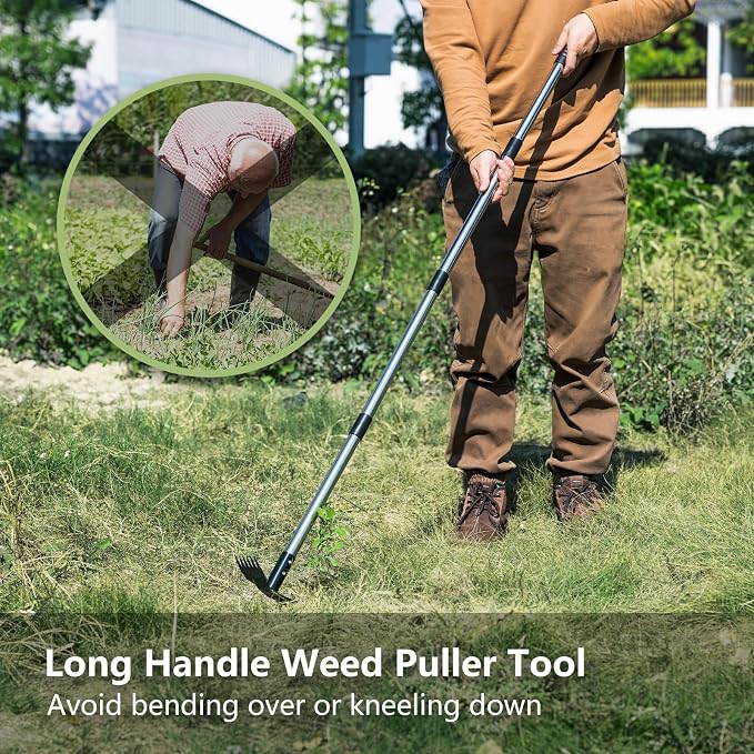 Mitclear Weed Remover Tool with Long Handle(58IN), 2-in-1 Hand Weed Puller with Rake & Garden Hoe Combo for Gardening, Manual Weeding Tools for Gardens, Yards, Patios, Lawns, and Paved Areas