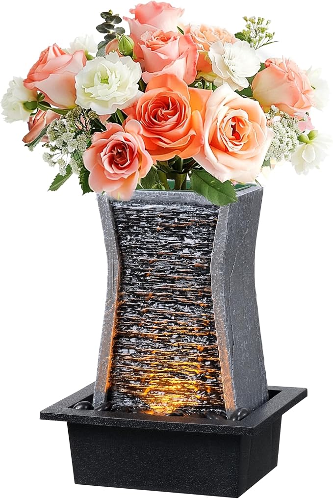 GOSSI Tabletop Water Fountain with LED Lights, Indoor Waterfall Fountain for Home Office Bedroom Decor, Includes Plastic Pots for Plant Growing, Relaxation Desk Accessory (24285)