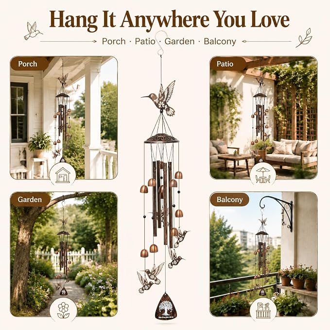 Hummingbird Wind Chimes for Outside, Metal Outdoor Wind Chime with Aluminum Tubes, Hummingbird Garden Decor for Patio Porch Yard, Memorial Sympathy Gift for Mom Women