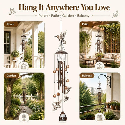 Hummingbird Wind Chimes for Outside, Metal Outdoor Wind Chime with Aluminum Tubes, Hummingbird Garden Decor for Patio Porch Yard, Memorial Sympathy Gift for Mom Women