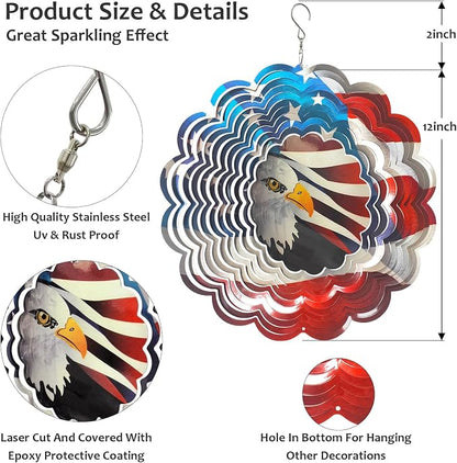3D Eagle Wind Spinner, America 250 Independence Anniversary Patriotic Decor, USA Flag Bald Eagle Design, 12In Metal Hanging Wind Sculpture for 4th of July, Memorial Day, National
