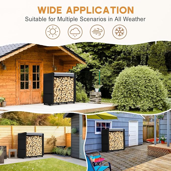 4ft Firewood Rack Outdoor with Waterproof Widened Cover, Heavy Duty Firewood Holder, Powder-coated Wood Rack with Hooks, Firewood Storage Rack for Fireplace Deck Patio