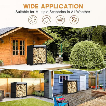 4ft Firewood Rack Outdoor with Waterproof Widened Cover, Heavy Duty Firewood Holder, Powder-coated Wood Rack with Hooks, Firewood Storage Rack for Fireplace Deck Patio