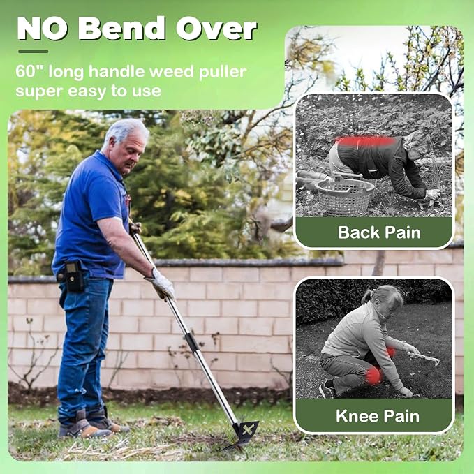 Weed Puller Tool with Long Handle, 60'' Weed Remover Weeding Tool, Heavy Duty 2 in 1 Manual Weed Rake and Garden Hoe, Gardening Weeder Tools for Yard, Lawn, Patio, Garden