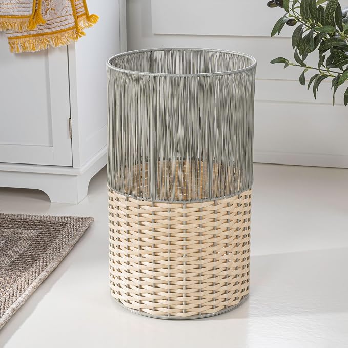 happimess HPM1101B Harper Modern 4.13-Gallon 2-Tone Faux Wicker Cylinder Waste Basket, Gray/Cream for Home, Bathroom, Living Room, Office, Bedroom, Kitchen