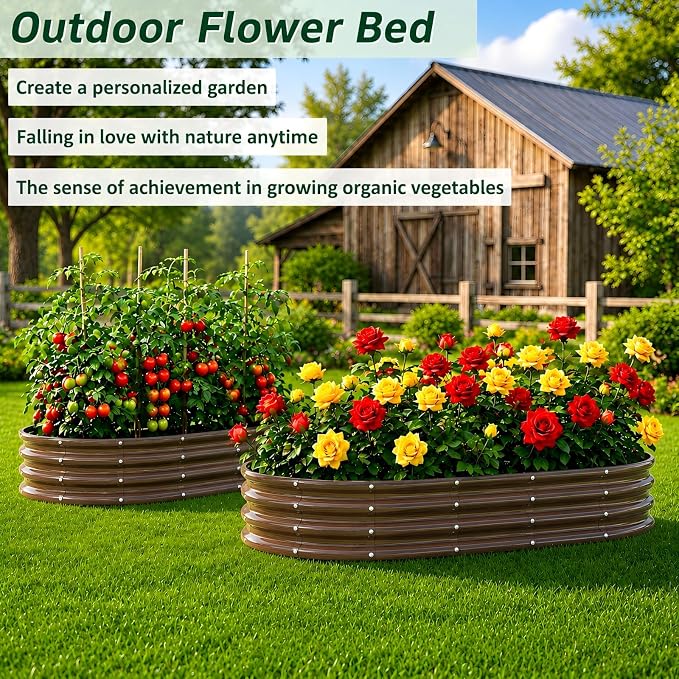Galvanized Raised Garden Bed, 6x3x1 FT Galvanized Steel Metal Raised Garden Bed, Oval Open-Bottom Design, 12-Inch Deep for Outdoor Vegetable & Herb Gardening, Fruit Wood Grain, 2 Packs