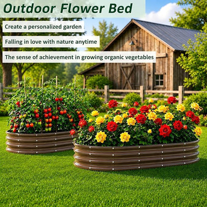 Galvanized Raised Garden Bed, 6x3x1 FT Galvanized Steel Metal Raised Garden Bed, Oval Open-Bottom Design, 12-Inch Deep for Outdoor Vegetable & Herb Gardening, Fruit Wood Grain, 2 Packs