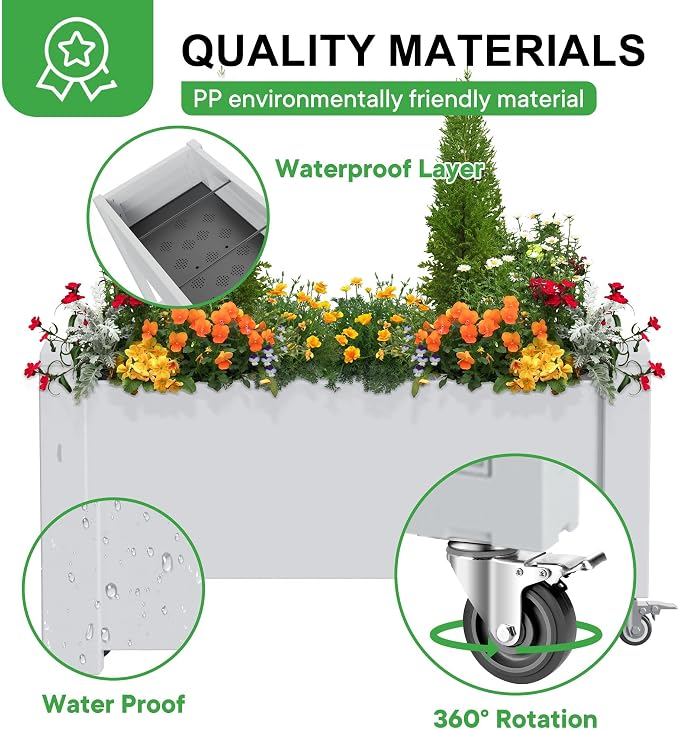 PatioZen Raised Garden Bed, 14 Gallon Self-Watering Raised Planter Box with Drainage Plug & Gauge and Wheels for Vegetables Flowers Herbs Succulents, Resin for Backyard Patio Porch