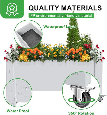 PatioZen Raised Garden Bed, 14 Gallon Self-Watering Raised Planter Box with Drainage Plug & Gauge and Wheels for Vegetables Flowers Herbs Succulents, Resin for Backyard Patio Porch