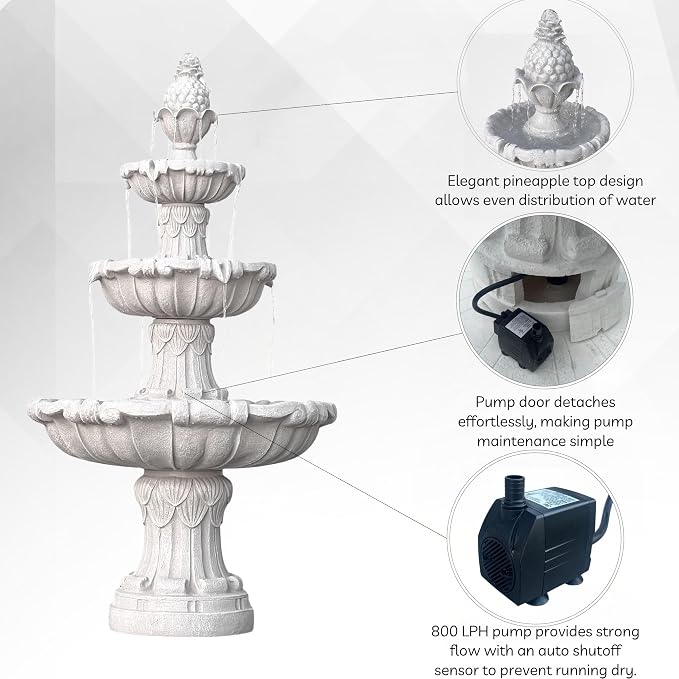 XBrand 58.3" 3-Tier Outdoor Freestanding Water Fountain - Classic Leaf Design, White Resin, Large Bird Bath with Pump - Ideal for Yard, Lawn and Garden, Porch Décor