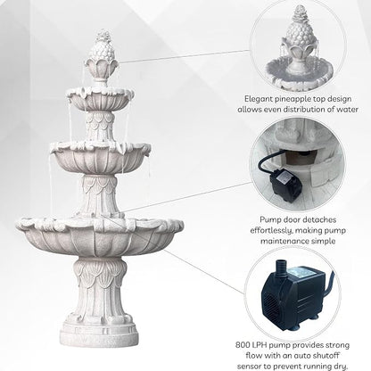 XBrand 58.3" 3-Tier Outdoor Freestanding Water Fountain - Classic Leaf Design, White Resin, Large Bird Bath with Pump - Ideal for Yard, Lawn and Garden, Porch Décor