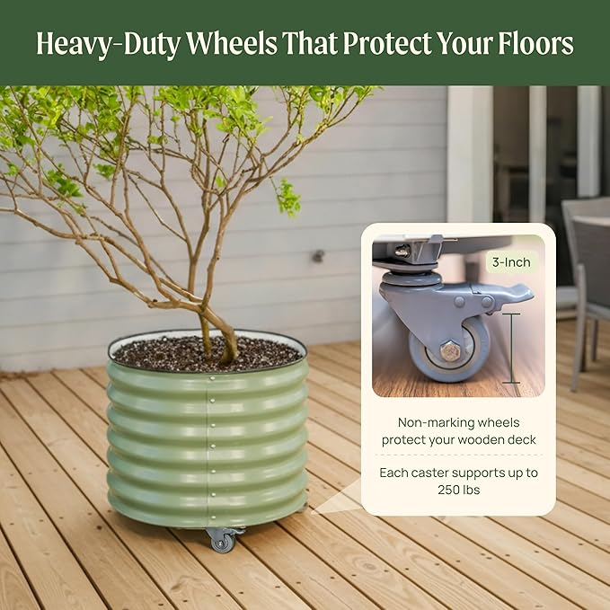 Rolling Metal Citrus Tree Planter Pot, 21″ Round Planter Box for Porch Patio & Backyard, 20 Gallon Large Planter Pot with Wheels for Growing Olive Trees Tomatoes Vegetables Flowers, 2 Pack Pearl White