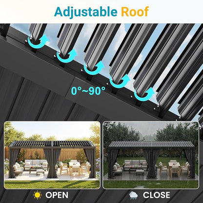 12' x 20' Louvered Pergola, Outdoor Pergola with Curtains & Netting, Aluminum Frame Patio Pergola with Adjustable Louvers Roof & Gutter System, Hardtop Gazebo for Patio, Deck, Garden, Yard, Dark Gray