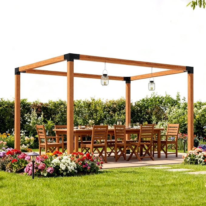Pergola Kit with 3-Way Brackets for 4"x 4" (Actual 3.6" X 3.6") Lumber, Heavy Duty Iron Pergola Bracket Suitable for Pergolas, Gazebos Includes Metal Base, Screws