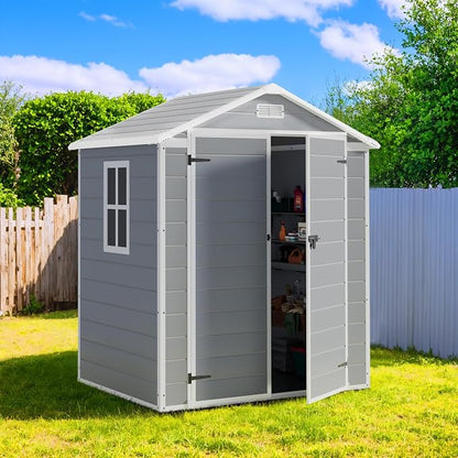 Greesum 6x4FT Plastic Outdoor Storage Shed, Resin Shed with Floor and Window, Tool Sheds with Lockable Door and Vent, for Garden, Garage, Backyard, Lawn, Light Gray