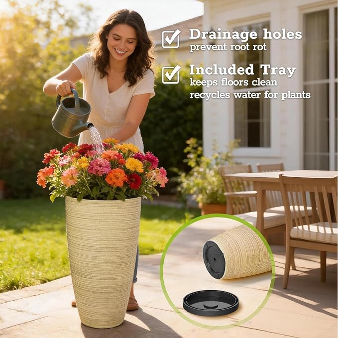 ZMTECH 4 Pack Plastic Planters 24/21/12/10 in, Beige Faux Stone Finish Round Flower Pots with Drainage Holes & Saucers, Large Tall Plant Pots for Indoor Outdoor, Patio Garden Decor, Plant Containers