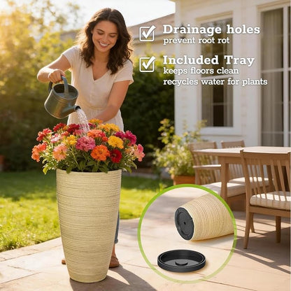 ZMTECH 4 Pack Plastic Planters 24/21/12/10 in, Beige Faux Stone Finish Round Flower Pots with Drainage Holes & Saucers, Large Tall Plant Pots for Indoor Outdoor, Patio Garden Decor, Plant Containers