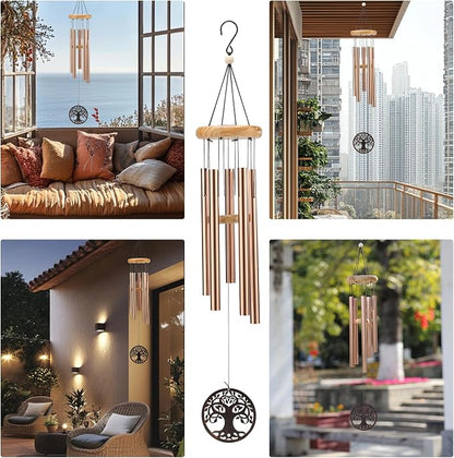 Solar Wind Chimes Outdoor with Glass and Copper (Circular Tree of Life)
