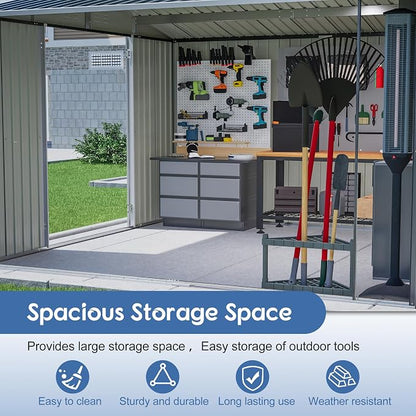 PVWIIK 10x10 FT Large Outdoor Metal Storage Shed, Heavy Duty Waterproof Steel Garden Tool Shed with Lockable Doors, Utility Storage Building for Backyard Patio Lawn Garden, Black