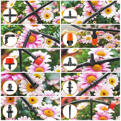 240-Piece Drip Irrigation Fittings Kit for 1/4" Tubing, Complete Set of Drip Barbed Connectors (Nozzle, Micro Dripper, Nozzle Tee, Single Barb, Coupling, Tee, Elbow, Plug, Cross, Stake)
