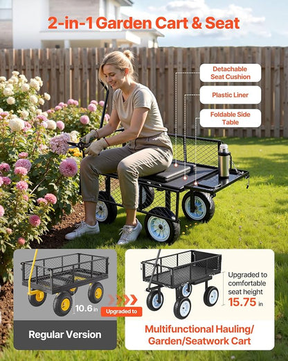 VEVOR 500 LBS Steel Garden Cart with Work Seat, Heavy Duty Garden Wagon Cart on Wheels, Outdoor Metal Utility Yard Wagon Gardening Stool with 10inch Flat Free Tires, Tool Tray & Adjustable Handle