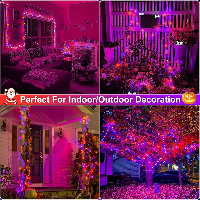 Orange and Purple Halloween Lights, 66FT 200 LED Outdoor String Lights Waterproof with 8 Modes, Connectable Plug in Christmas Light for Outside Indoor Home Garden Patio Party Holiday Decorations