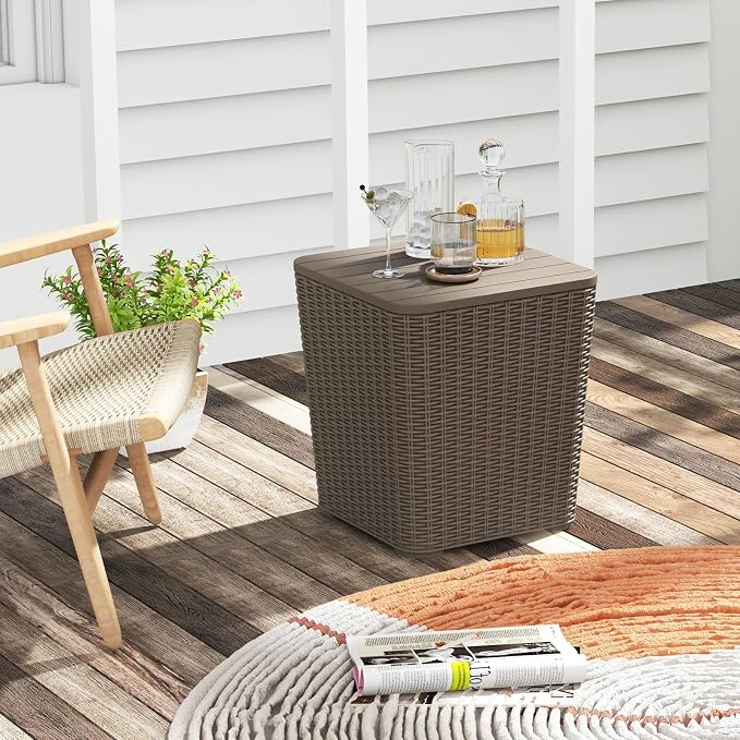 Giantex 11.5 Gallon Deck Box, Outdoor Side Table with Removable Lid, Faux Wicker-Woven, 330Lbs Capacity, Outside Waterproof Storage Box, Resin Rattan Small Coffee Table for Patio Poolside (Brown)
