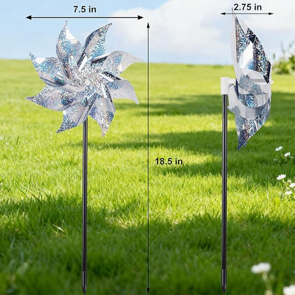 Hausse 12 Pack Reflective Pinwheels with Stakes (Pre-Assembled), Extra Sparkly Pin Wheel for Garden Decor, Bird Repellent Devices Deterrent to Scare Birds Away from Yard Patio Farm, Silver