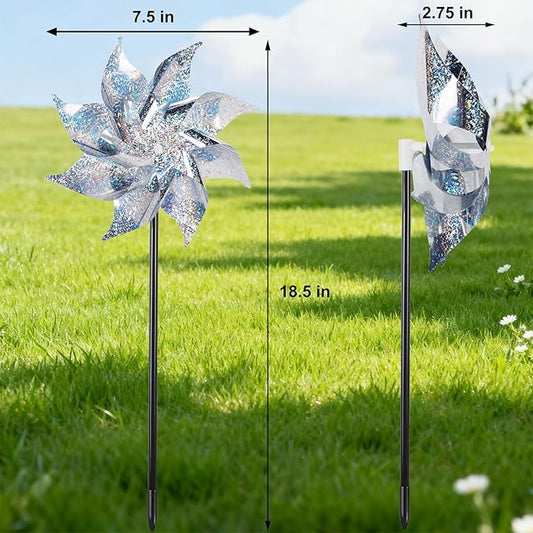 Hausse 12 Pack Reflective Pinwheels with Stakes (Pre-Assembled), Extra Sparkly Pin Wheel for Garden Decor, Bird Repellent Devices Deterrent to Scare Birds Away from Yard Patio Farm, Silver