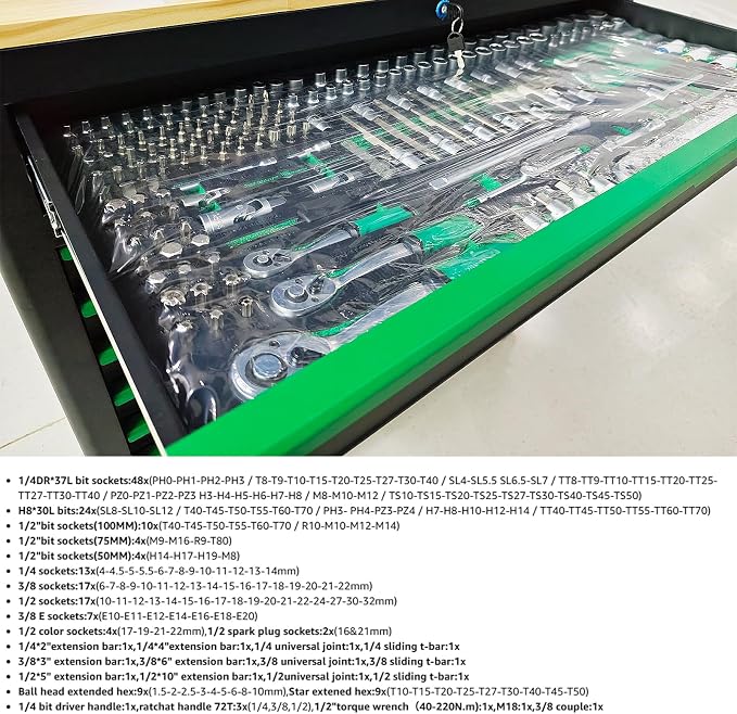 14-Drawers Rolling Tool Chest with Wood Workbench,Brake Casters,Lock & Key,Heavy-Duty Steel Tool Cabinet Storage, for Home,Garbge or Workshop Use (14 Drawer + 348 Pieces Tools)