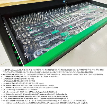 14-Drawers Rolling Tool Chest with Wood Workbench,Brake Casters,Lock & Key,Heavy-Duty Steel Tool Cabinet Storage, for Home,Garbge or Workshop Use (14 Drawer + 348 Pieces Tools)