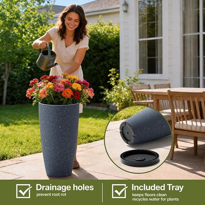 ZMTECH 2-Pack Large Tall Planters with Saucer - 6.8 Gallons /12x21 Inch Faux Stone Finish Round Flower Pots for Indoor Plants, Outdoor Patio & Porch Decor, Unbreakable Plant Containers (Dark Gray)