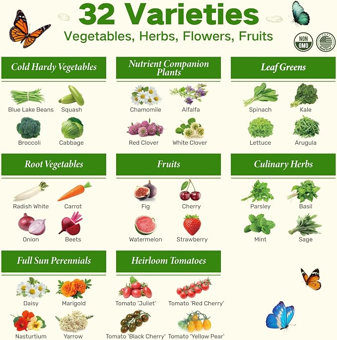 Lush&Dew Zone 9 Seed Bank, Gardening Gifts for Women Men, 32 Type USA Seeds | Non-GMO Heirloom Seeds for Planting Vegetables Herbs Fruits, Gift for Mom Dad, Survival Seed Kit for Raised Garden Beds