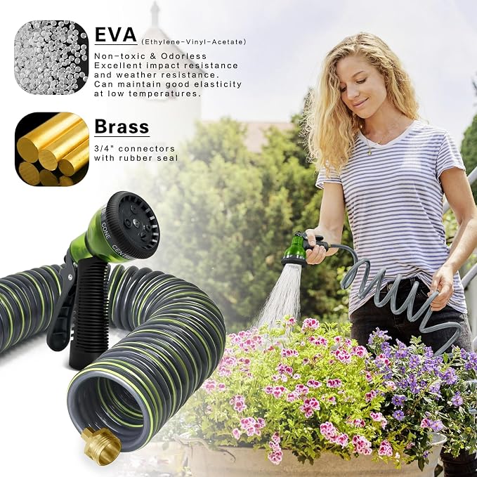 Coil Hose 50FT EVA Coil Garden Hose With 3/4'' Brass Connector Coiled Water Hose Lightweight And No Kink Includes 7 Patterns Spray Nozzle For Outdoors Lawn Watering Car Washing