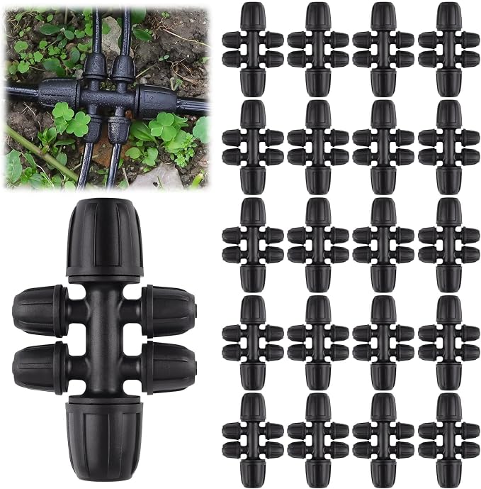 20PCS Locked Barbed Tee Connectors, Kalolary 5/16" to 1/4" Drip Irrigation Fittings Kit 8/12mm to 4/7mm Tube Lock Female Connector 6-Way Barbed Lock Irrigation Parts for Watering System (Black)